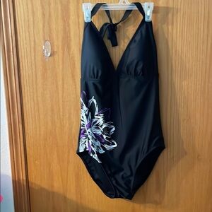 Black Halter One-Piece Swimsuit with purple and white Floral Design